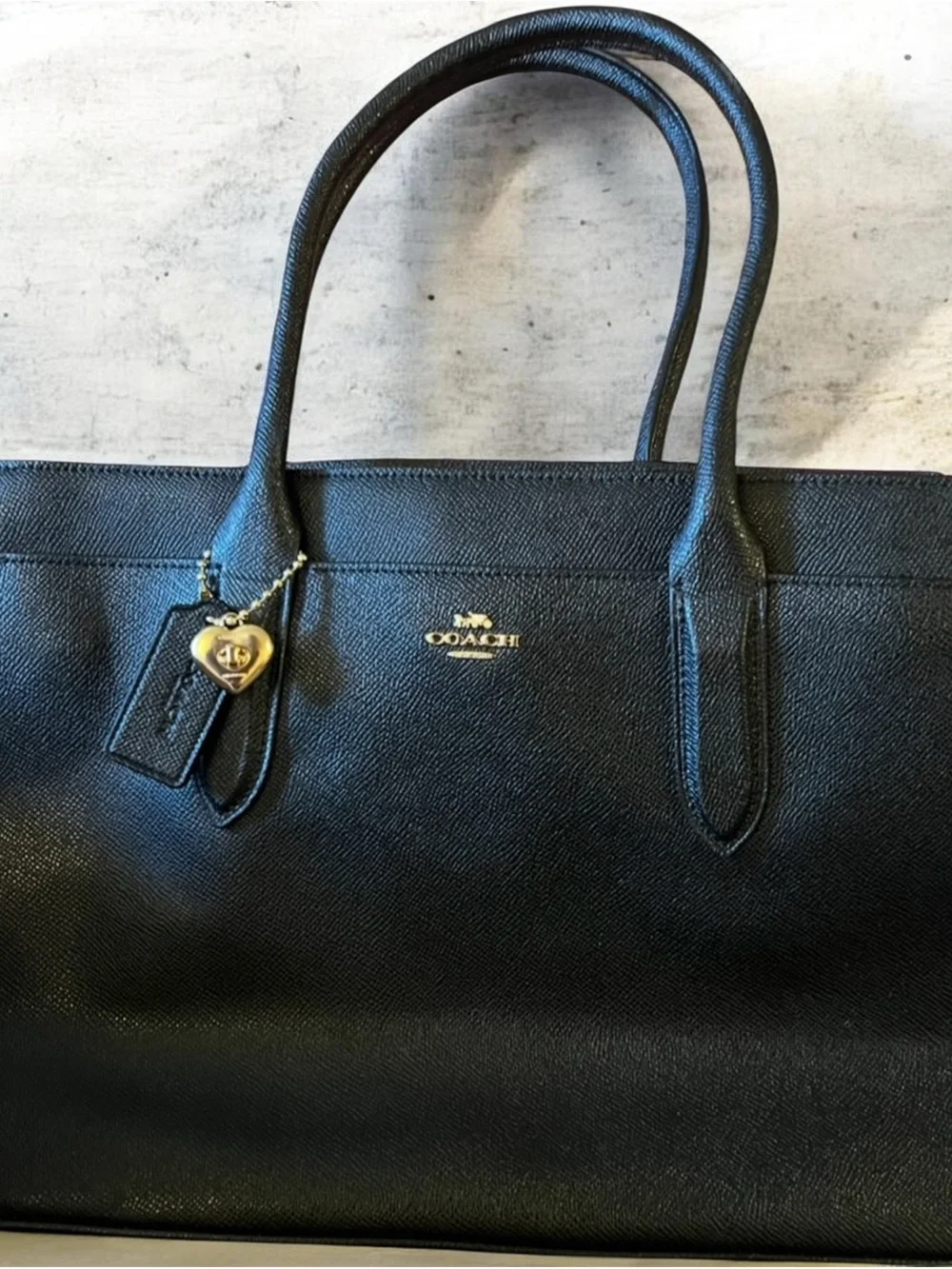Coach Black Leather Tote with Gold Heart Charm